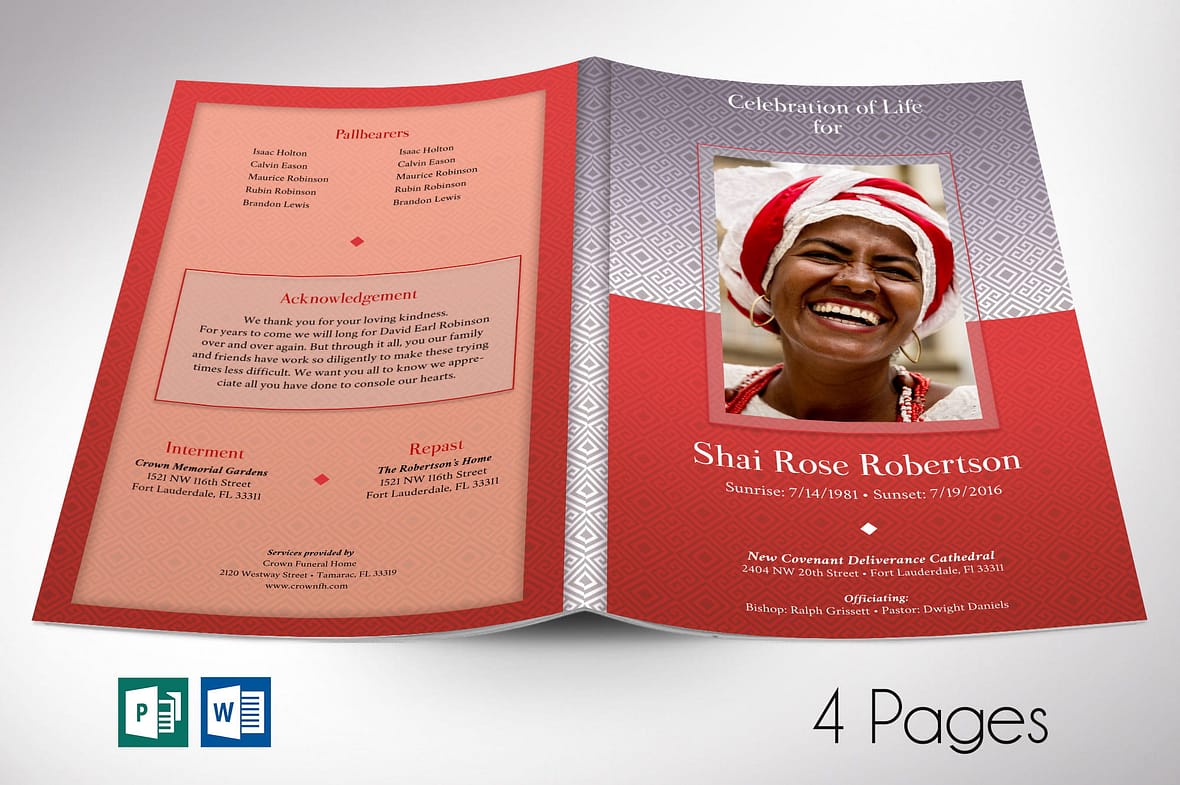 Red Diamond Funeral Program Word Publisher Template