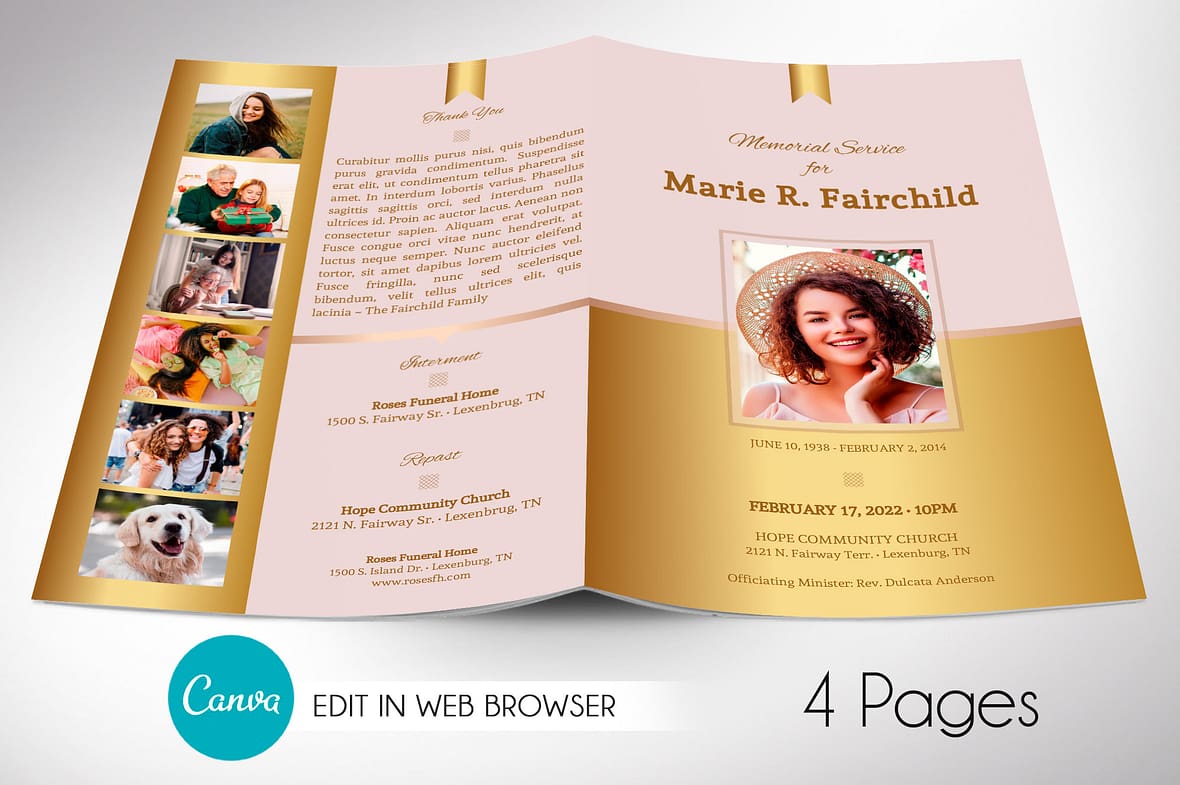 Golden Funeral Program Canva Template