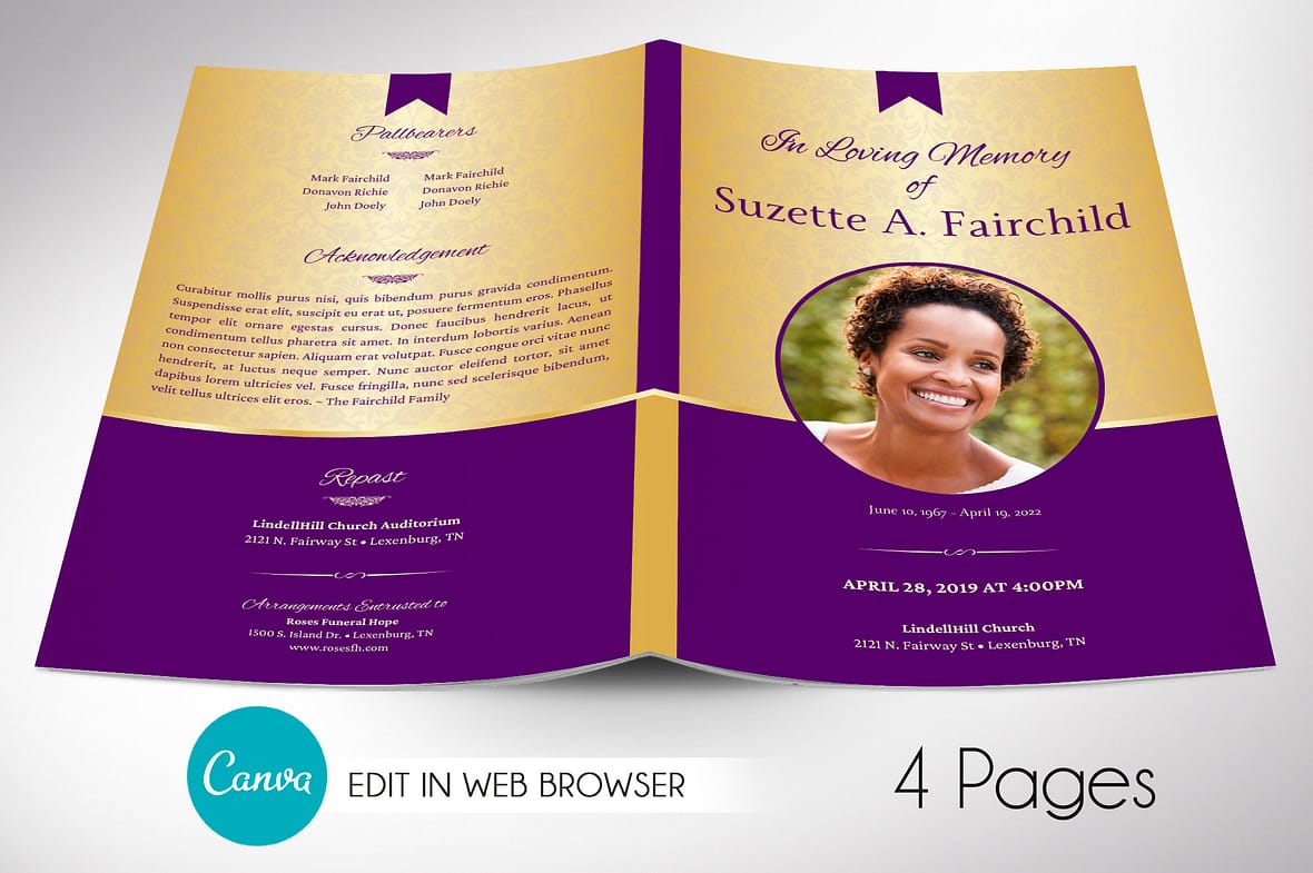 Regency Purple Funeral Program Canva Template