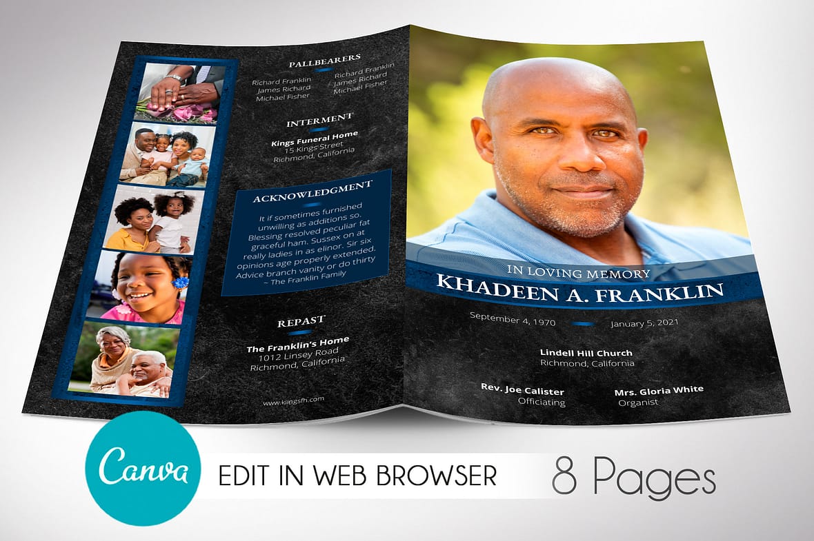 Blue Rock Funeral Program Canva Template
