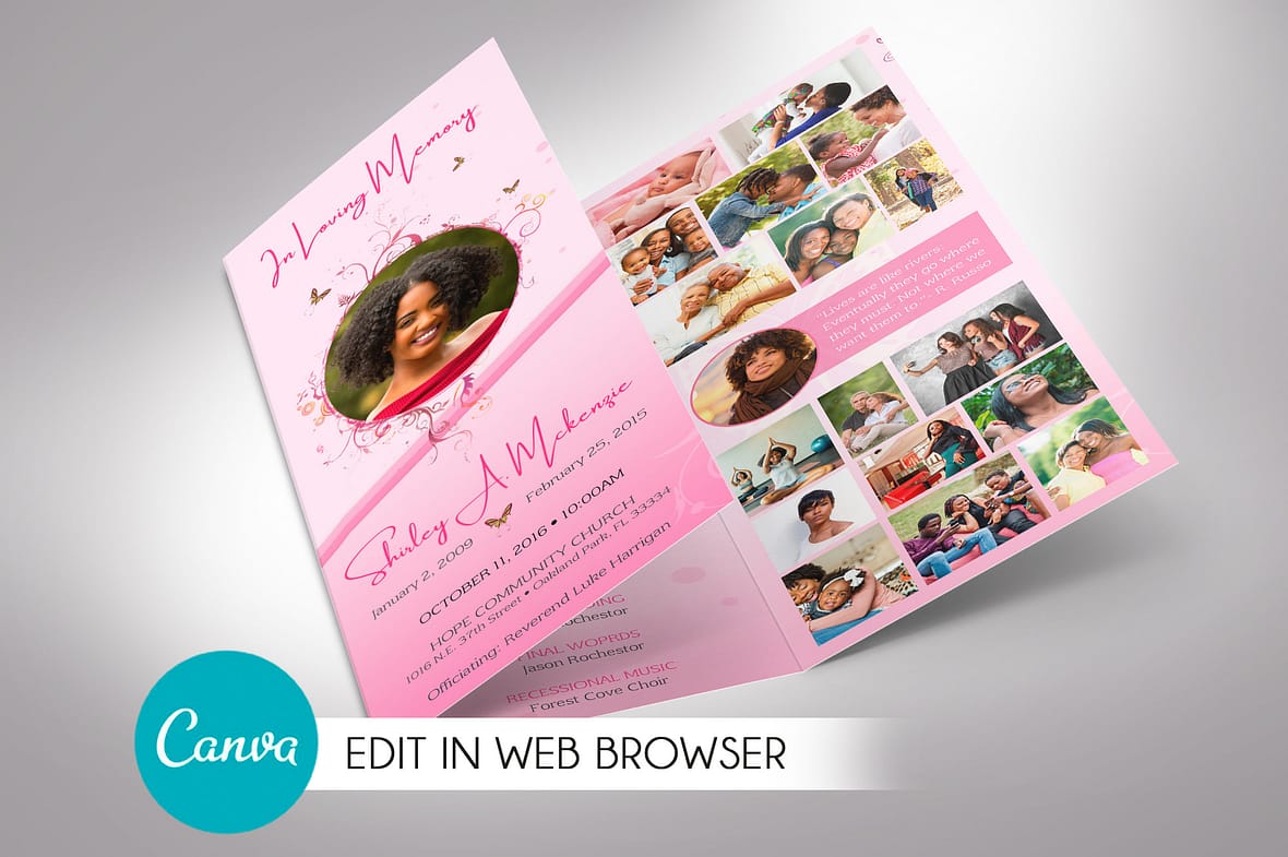 Pink Princess Trifold Funeral Program Canva Template
