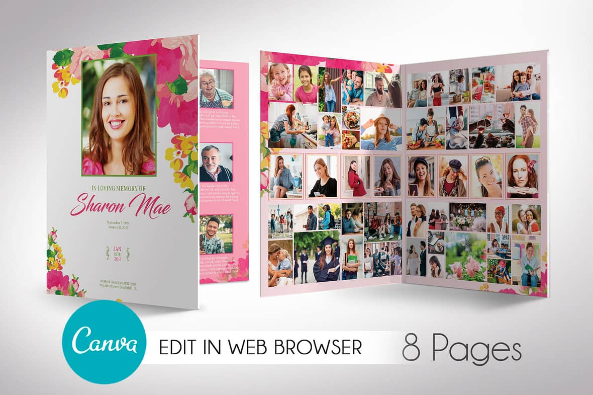 Pink Watercolor Funeral Program Tabloid Canva Template, 8 Pages