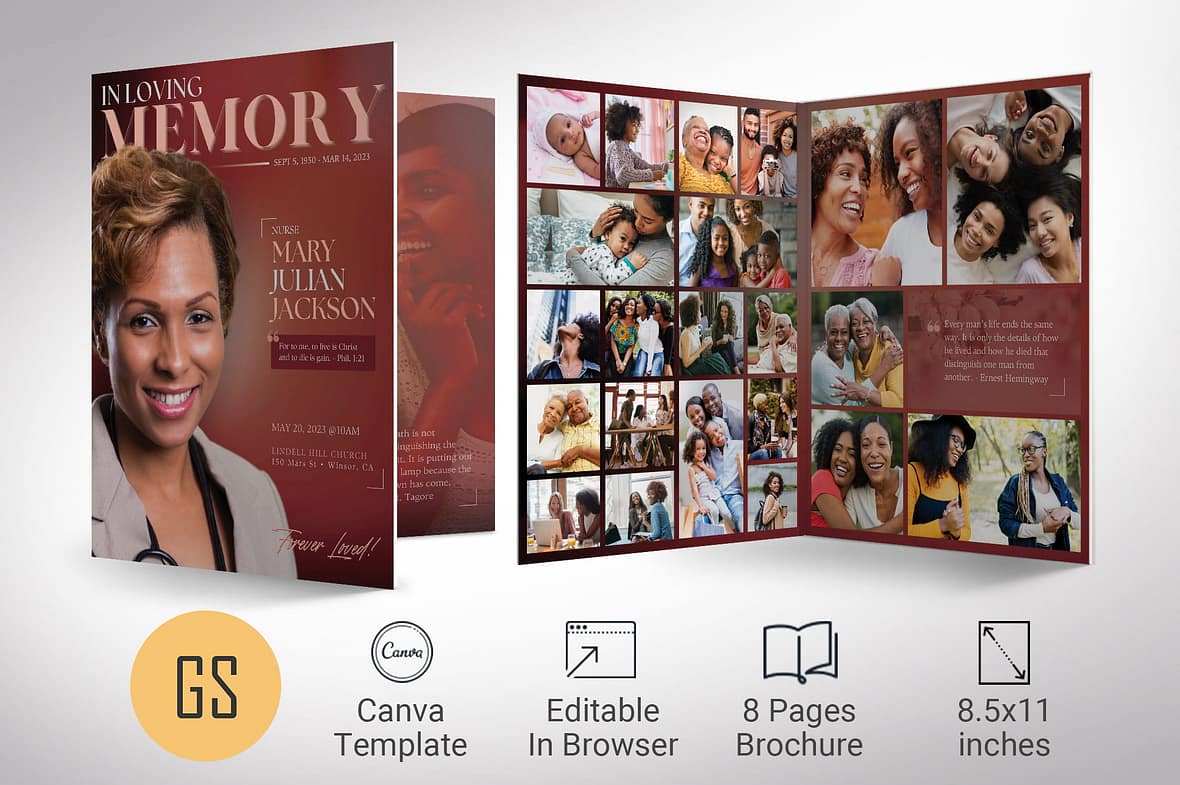 Dawn Tabloid Funeral Program Template - Amber | 8-Page Bi-Fold Brochure | Celebration of Life