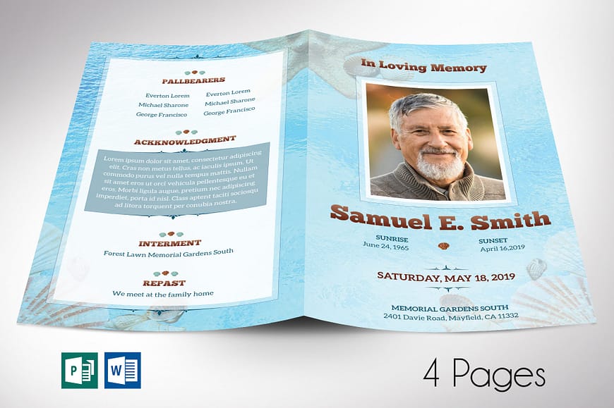 Seashell Funeral Program Word Publisher Template