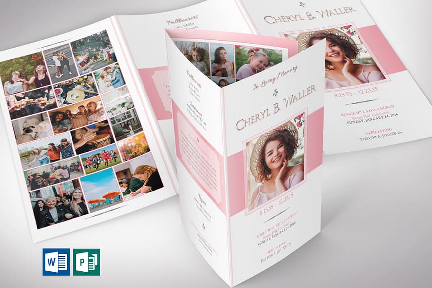 White Pink Legal Trifold Funeral Program Word Publisher Template