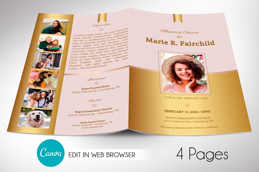 Golden Funeral Program Canva Template