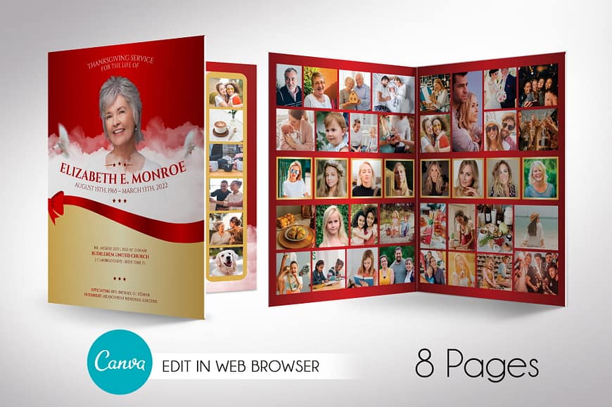 Red Ribbon Tabloid Funeral Program Canva Template