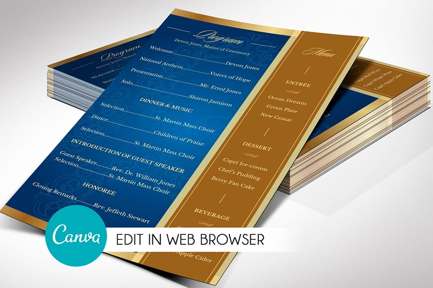 Blue Gold Anniversary Gala Program Canva Template - One Sheet