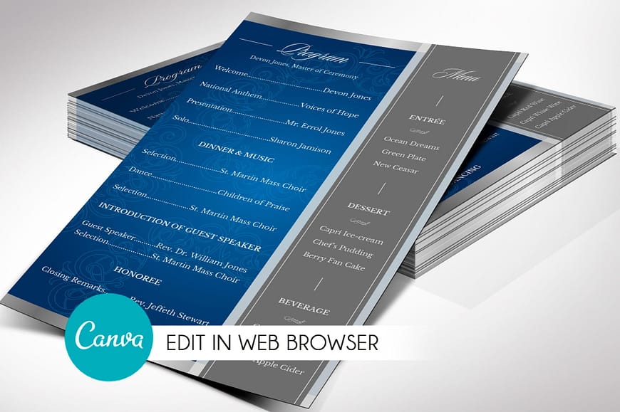Blue Silver Anniversary Gala Program Canva Template - One Sheet